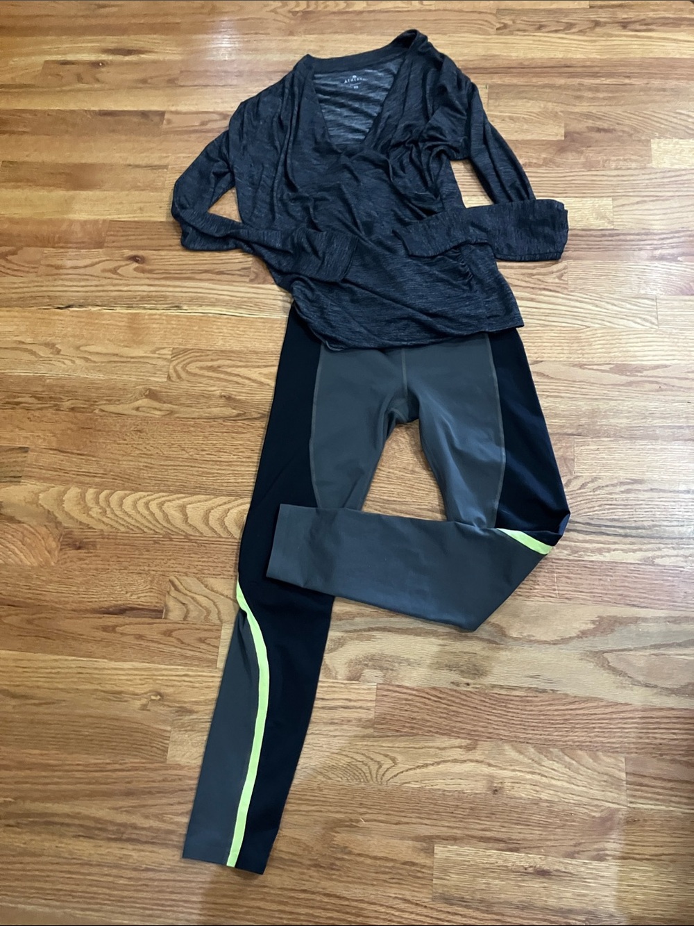 Athleta Gray and Black Colorblock Leggings with Lime Stripe and Gray Wrap Top
